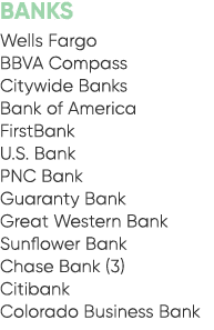BANKS Wells Fargo BBVA Compass Citywide Banks Bank of America FirstBank U.S. Bank PNC Bank Guaranty Bank Great Wester...