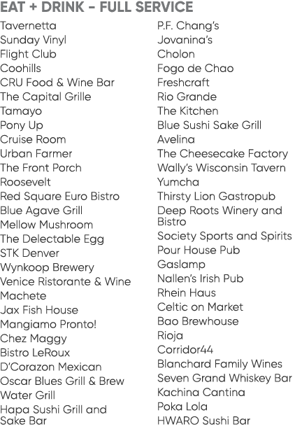 EAT + DRINK FULL SERVICE Tavernetta Sunday Vinyl Flight Club Coohills CRU Food & Wine Bar The Capital Grille Tamayo P...